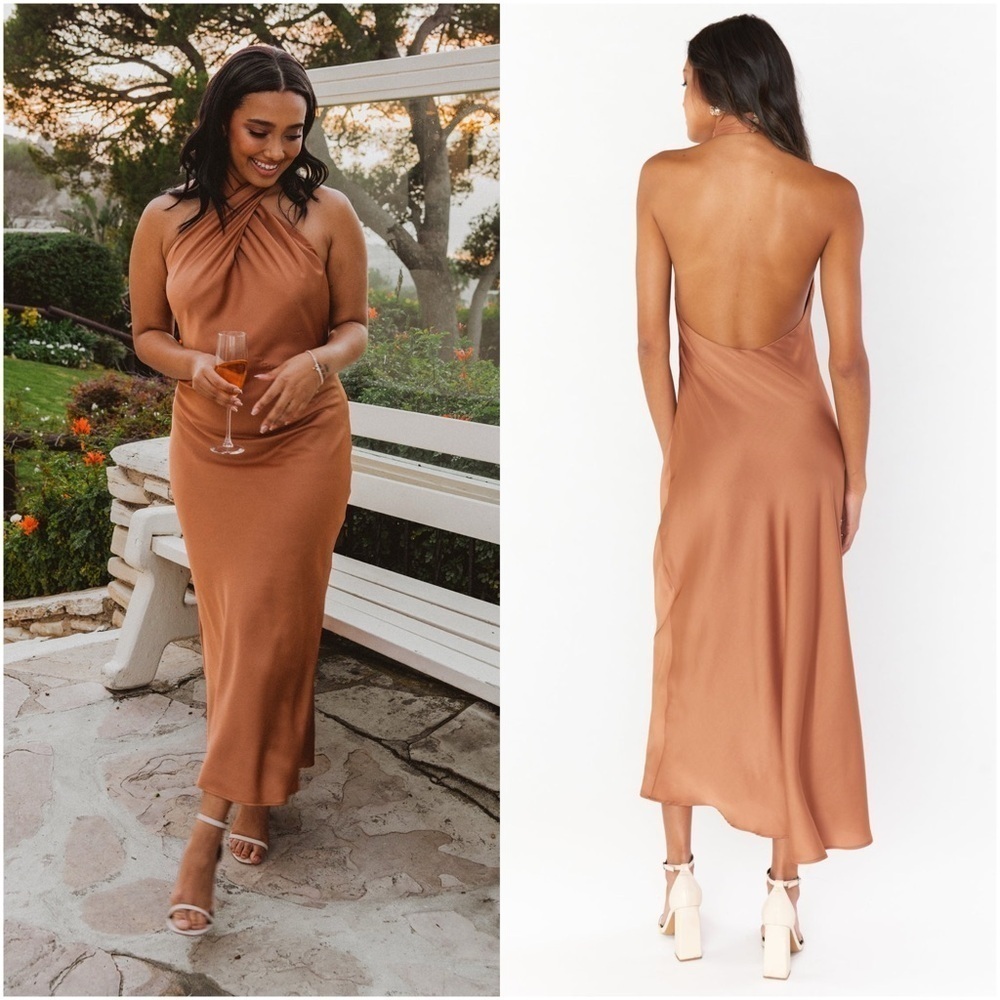 SHOW ME YOUR MUMU Jasmine Halter Midi Dress In Copper Luxe Satin
